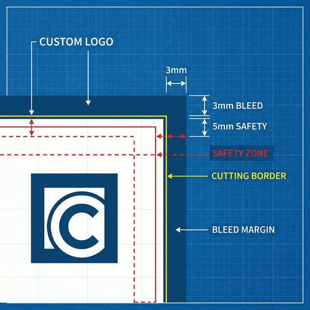 Diagrama técnico donde el diseño rojo sale más allá (bleed) que la línea verde de corte.