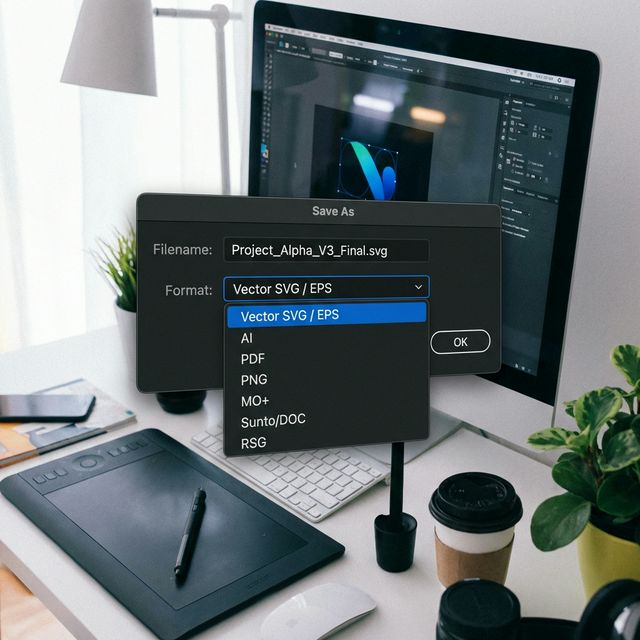 Pantalla de Photoshop/Illustrator guardando y seleccionando .PDF, resaltando la manera profesional.