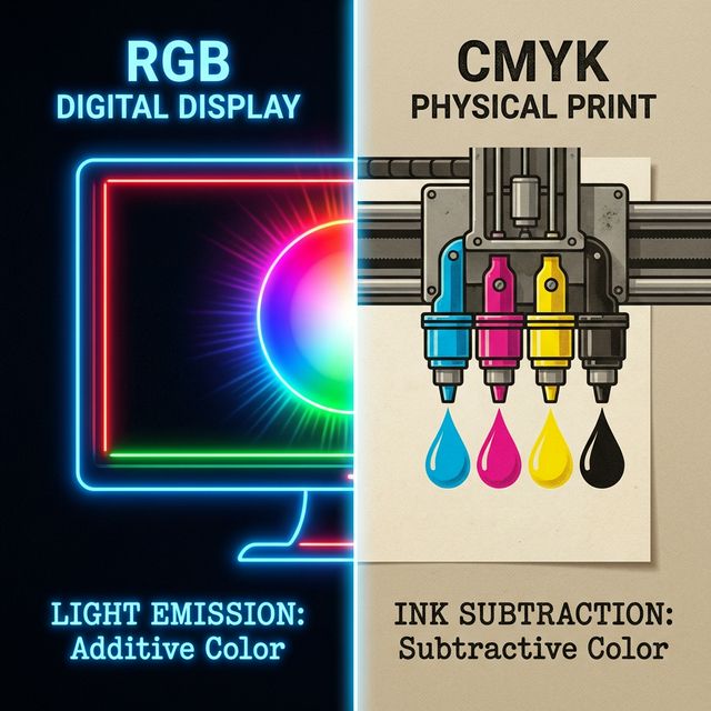 Gráfico partido por la mitad. Lado izquierdo una pantalla brillante mezclando luz (RGB), y el lado derecho cartuchos de tinta tirando gotas (CMYK).