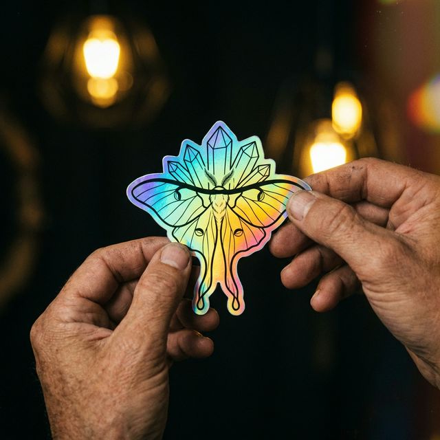 Un cliente sosteniendo un sticker Die Cut recién salido de la producción con un acabado holográfico.