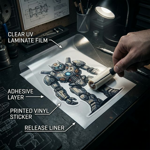 Diagrama visual del laminado: una capa protectora transparente bajando sobre el diseño impreso.