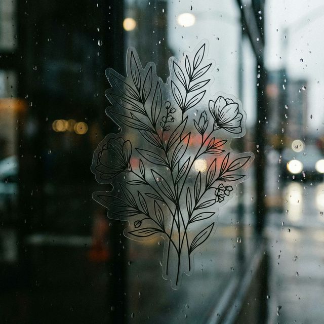 Un sticker transparente pegado sutilmente sobre un cristal oscuro, fusionándose perfectamente.